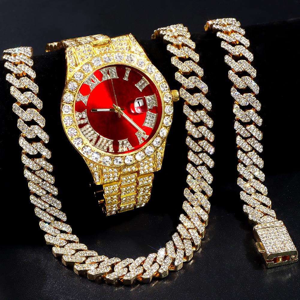 Hip Hop Iced Out Cuban Necklace Watch For Men AAA 2 Row Prong Cuban Chain Necklace+Watch+Bracelet Set Punk Rapper Jewelry Gifts