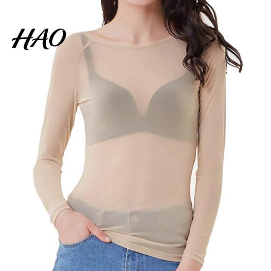 Lightweight Long Sleeve Tops Sexy Skinny See-through Black Mesh Pullover O-Neck Solid Color Transparent Punk Club Tee Shirt Women Sheer Blouses
