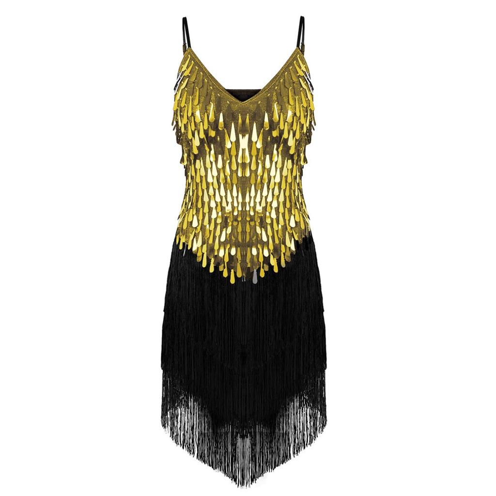 Women Sleeveless Sparkling Sequins Fringe Ballroom Samba Tango Latin Dance Dress Stage Performance Costumes