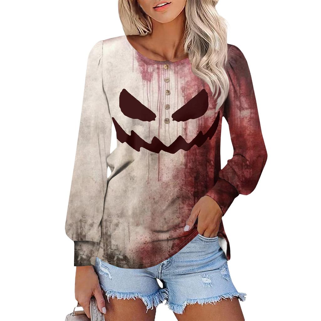 Women's Long Sleeve Round Neck T-Shirts Halloween  Print Puff Sleeve Shirts Button Blouses Tops