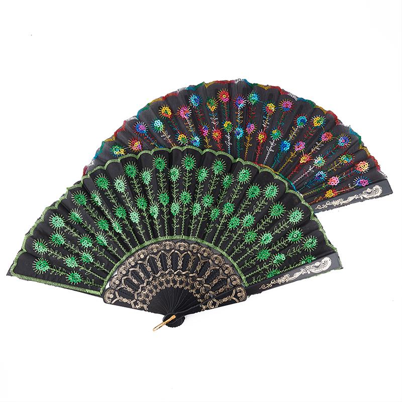 Радужный цветной танцевальный веер с узором павлина, складной ручной вышитый веер с пайетками