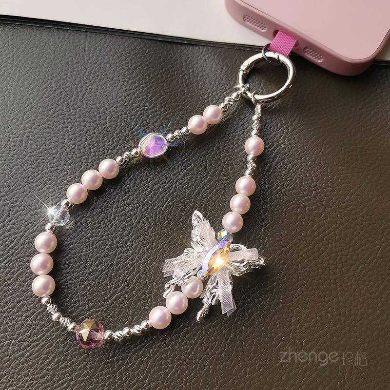 High-end gemstone butterfly pearl mobile phone chain ins fashion women's wrist pendant beaded chain short style