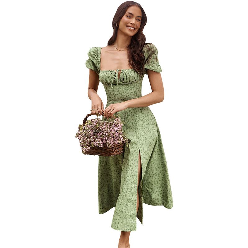 Летнее платье с высокой талией и цветочным принтом на одно плечо, модное платье-фонарик с коротким рукавом и цветочным принтом, элегантное длинное платье со шнуровкой и разрезом 26212