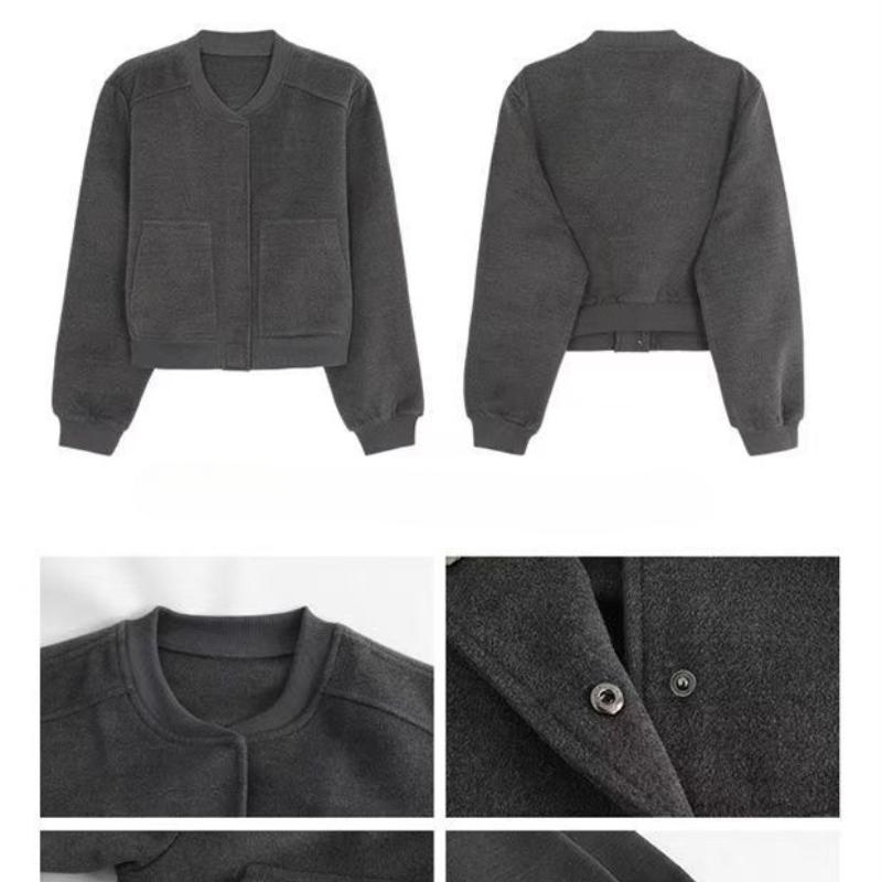 Women's Loose-Fit American Retro Short Baseball Jacket Casual Gray Outerwear for Autumn