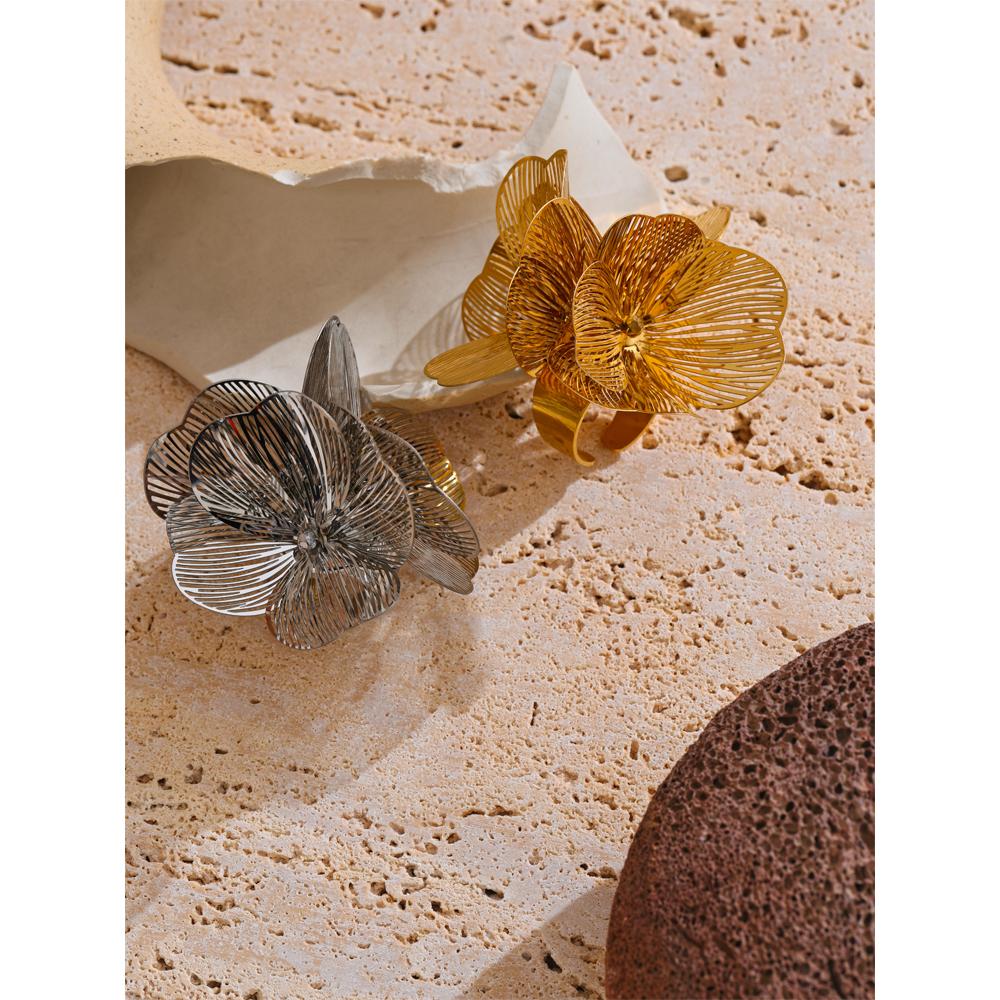 Eetit Эксклюзивное регулируемое кольцо из нержавеющей стали с металлическим цветком для женщин, гипербола, индивидуальность, модные украшения на палец, подарок с покрытием PVD