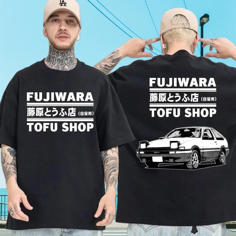 Large Men's Cotton Anime Drifting AE86 Initial D Double Sided Printed T-shirt Summer Casual R34 Skyline GTR JDM Manga T-shirt