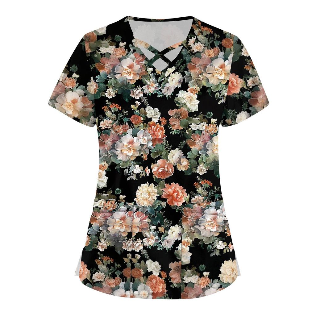 Women's Short Sleeve Stagger V Neck Print Pocket Dry-nurse Top