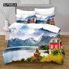 Комплект постельного белья с рисунком «Озеро» из микрофибры, комплект постельного белья с рисунком «Природный пейзаж», узор «Горный красный дом», размер King Size, мягкий, 2/3 шт., пододеяльник