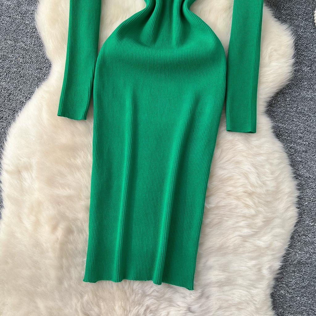 Весна Осень Женский Элегантный Вязаный Свитер со Стойкой Воротником Офисная Работа Длинные Миди Приталенные Платья-Футляры