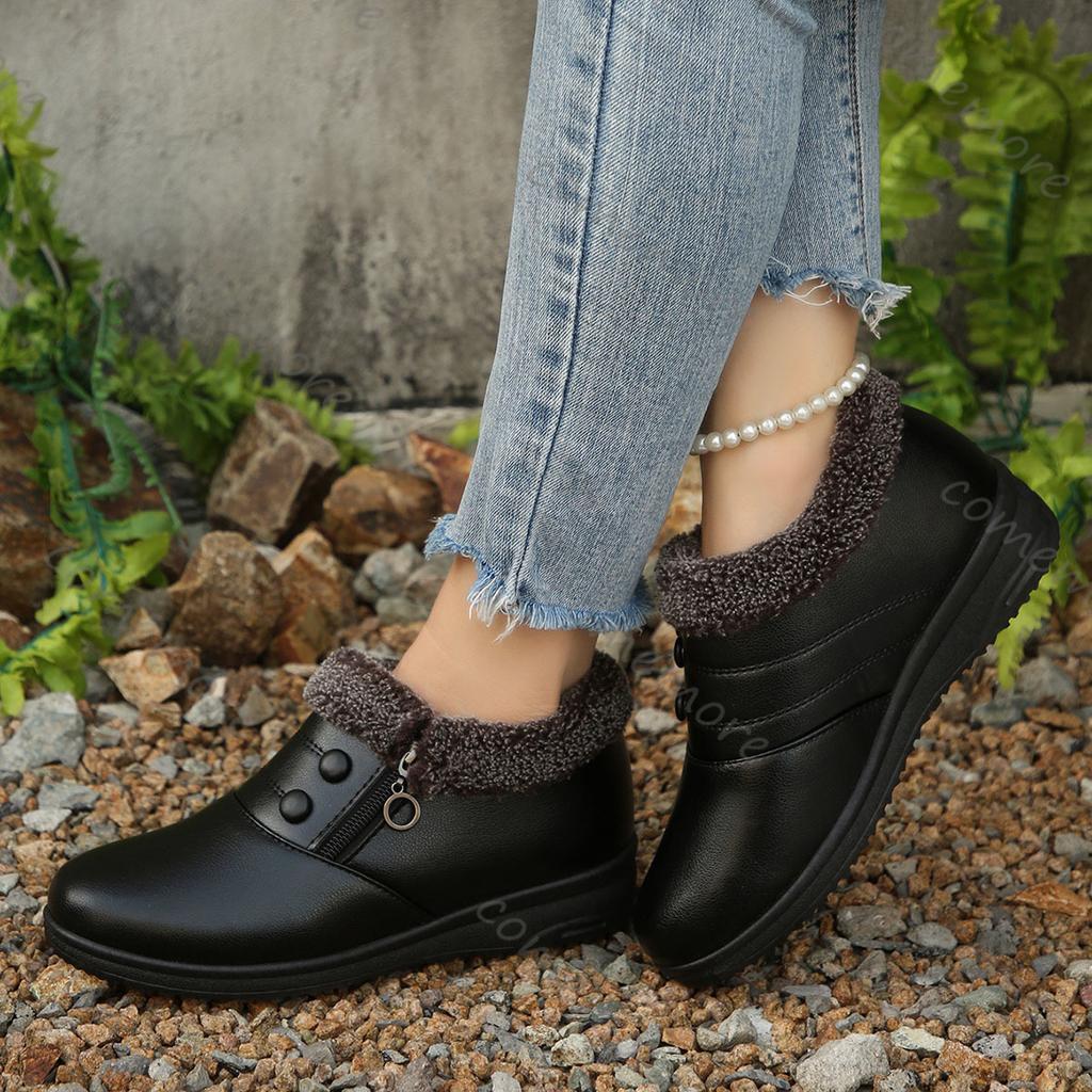 Comemore Retro Solid Short Plush Snow Boots Women 2025 Winter Comfort Wedge Heel Mom's Shoes Vintage Fur Warm Soft Sole Botas