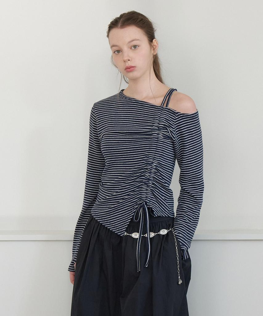 CLUNY Offset Shirring Stripe Top - Navy