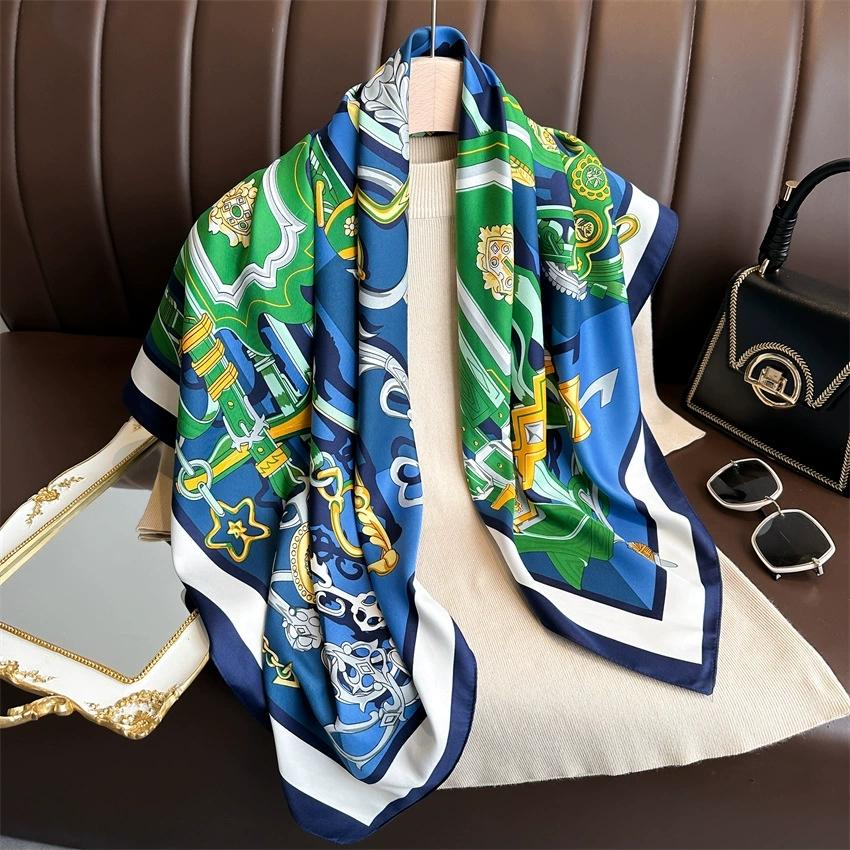 90CM Square Scarves Geometrical Print Twill Silk Foulards Femme Wraps Beach Shawls Bandana Lady Hijabs