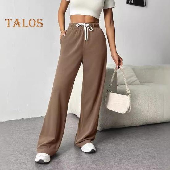 Женские брюки с эластичной высокой талией, регулируемые на шнурке, прямые широкие брюки с карманами, однотонные повседневные брюки