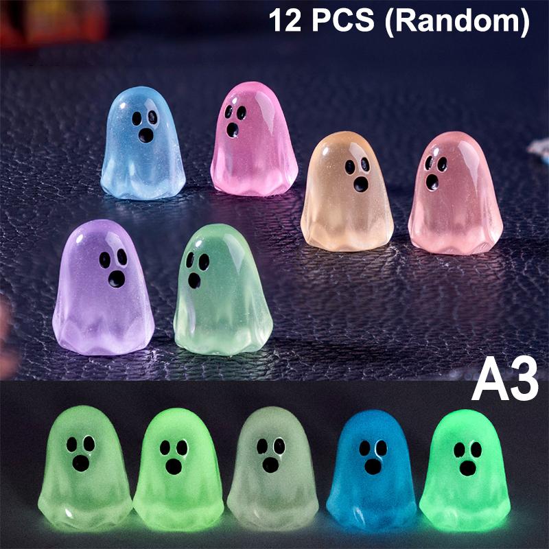 10-12pcs Halloween Resin Ghost Figures Luminous Pumpkin Ghost Ornaments Micro Landscape Desktop Decorations Party Gifts