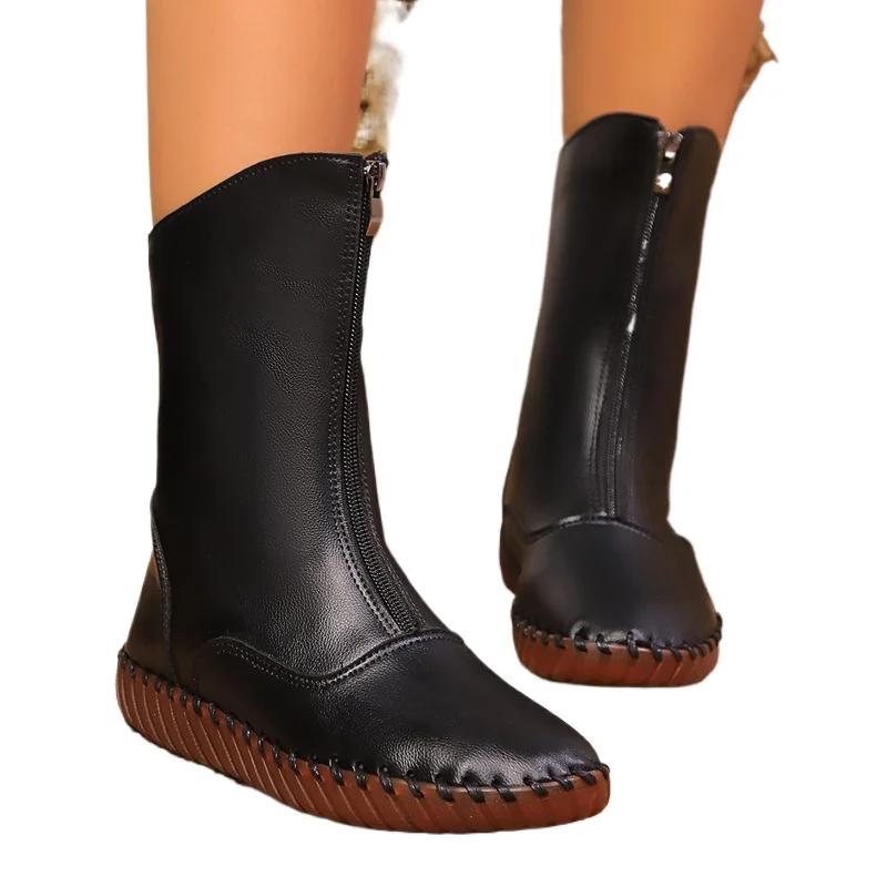 Женская обувь 2024 года, брендовые женские сапоги до середины икры, модные с застежкой-молнией спереди, горячая распродажа, современные сапоги для женщин, большие размеры, однотонная обувь для женщин