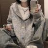 Женский серый вязаный кардиган с капюшоном, пальто - свободный корейский стиль для осени и весны