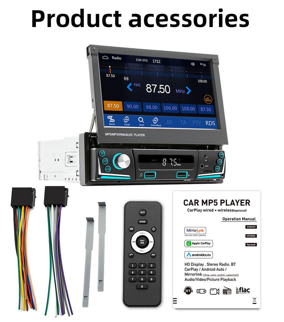 Автомобильный радиоприемник 1Din, мультимедийный MP5-плеер, 7-дюймовая универсальная навигация с Android Auto и Bluetooth, HD-экран, USB TF FM-стерео