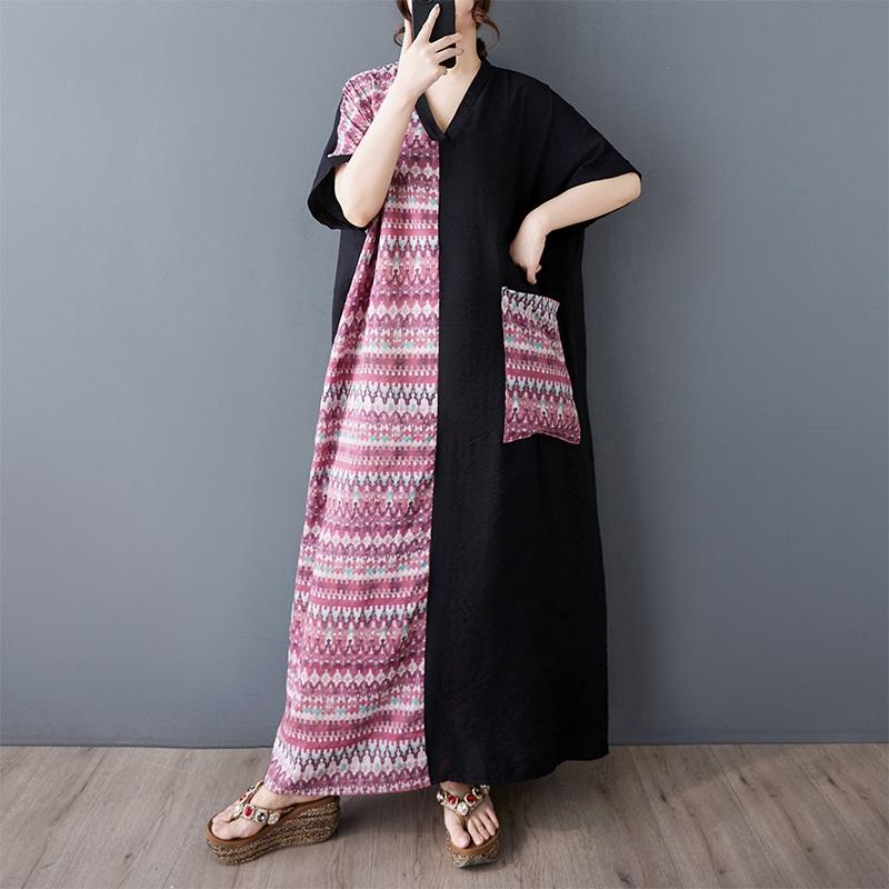 Короткий рукав Плюс размер Хлопок винтажный пэчворк новые платья для женщин повседневное свободное макси длинное летнее платье