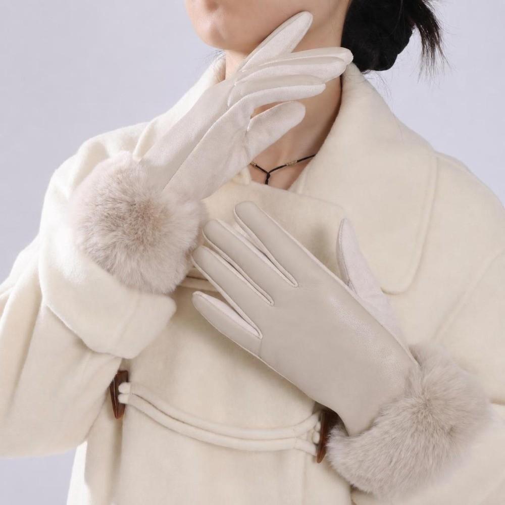Fluffy Winter PU Leather Gloves Faux Fur Trim Cycling Windproof Gloves Women