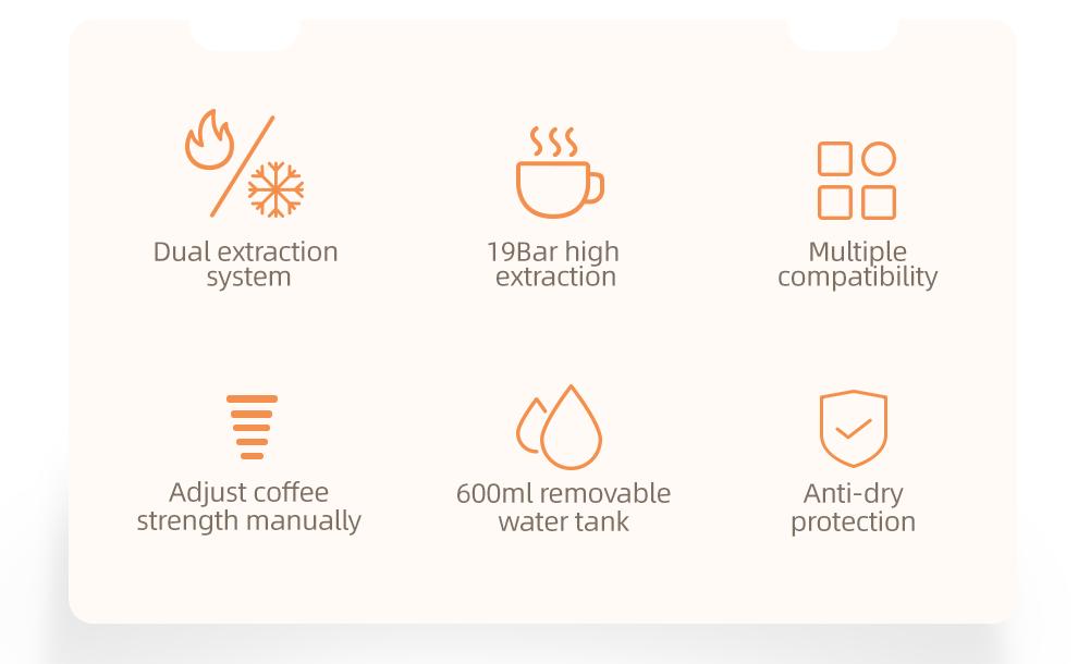 HiBREW H2B 5-in-1 Pod Coffee Maker Hot & Cold Brewing Modes AC 1.5 minutes Brewing Time 110–120V 60Hz