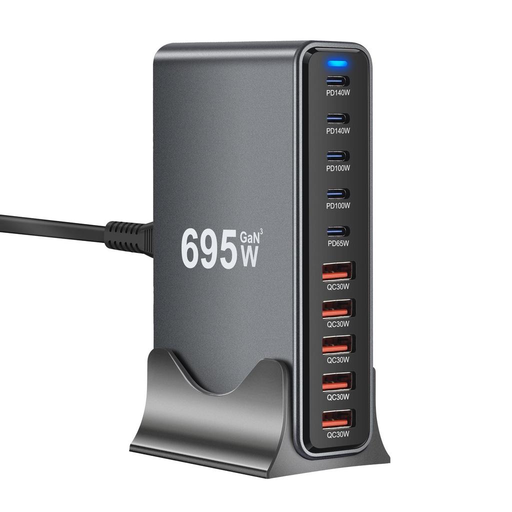 Многопортовое зарядное устройство GaN мощностью 695 Вт с USB-C, быстрая зарядка, настольная зарядная станция PD высокой мощности.