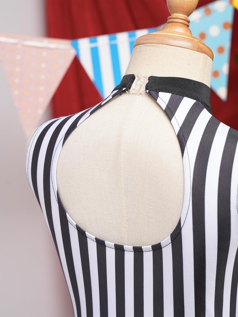 Kids Girls Sparkly Latin Dance Outfit Striped Leotard Mock Neck Open Back Design and Tulle Skirt Performance Wear