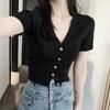T-shirt for Women Short Sleeved Summer Outfit V-neck Ice Silk Knit Sweater Thin Jacket High Waist Exposed Navel Short Upper Garment