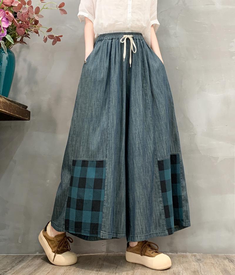 2025 Spring Women's Plaid Patchwork Wide-Leg Jeans with Elastic Waist & Drawstring