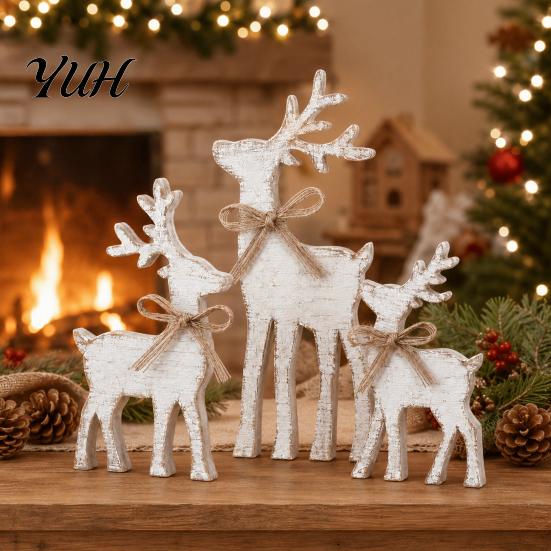 Decorative Wooden Elk Sign 3Pcs/Set Christmas Table Sign, Rustic Reindeer Family Tabletop Decoration, Seasonal Home Decor Jute Rope Bow Centerpiece