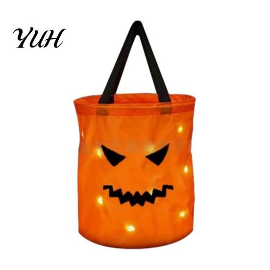 Illuminated Halloween Candy Basket Glowing Pumpkin Bag with LED Lights, Reusable Treat Spooky Tote Lights for Kids, Trick or Handbag Party Favors
