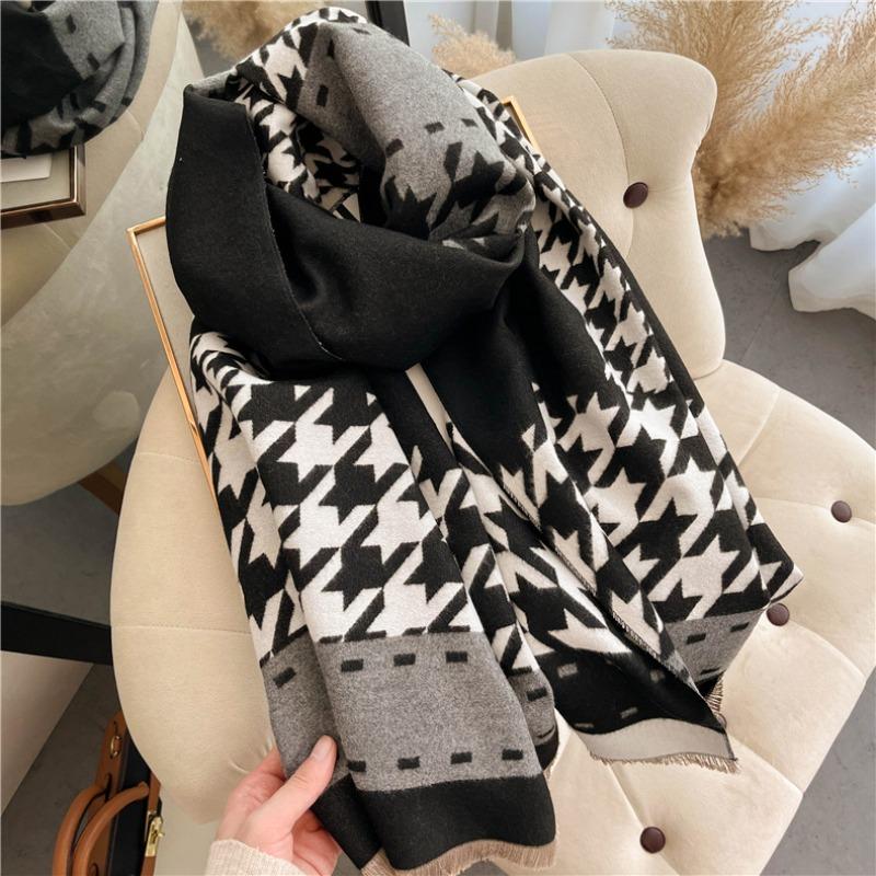 Autumn and Winter New Color Matching Thousand Bird Grid Fashion Thickened Warm Scarf Imitation Cashmere Student Scarf Large Shawl