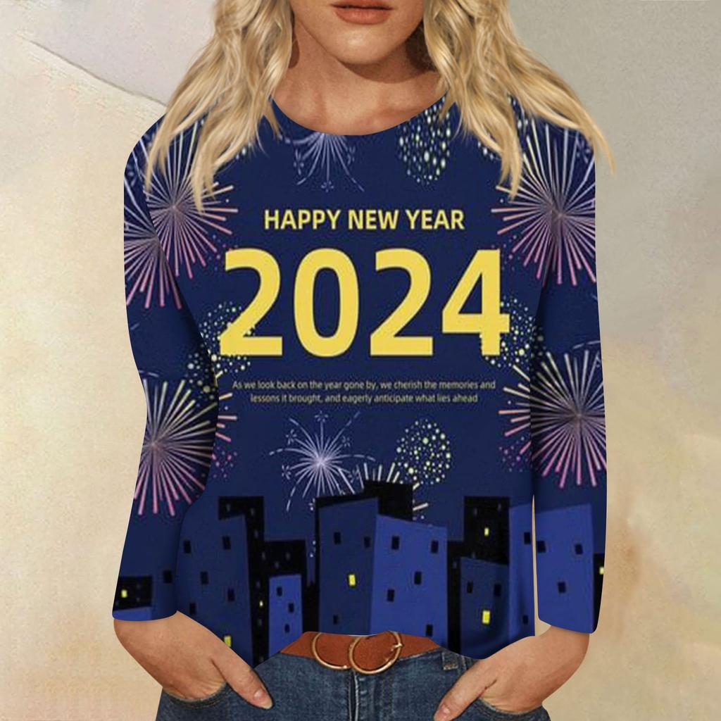 Женская осенне-зимняя футболка с круглым вырезом и длинными рукавами, топ с принтом на Новый год 2024