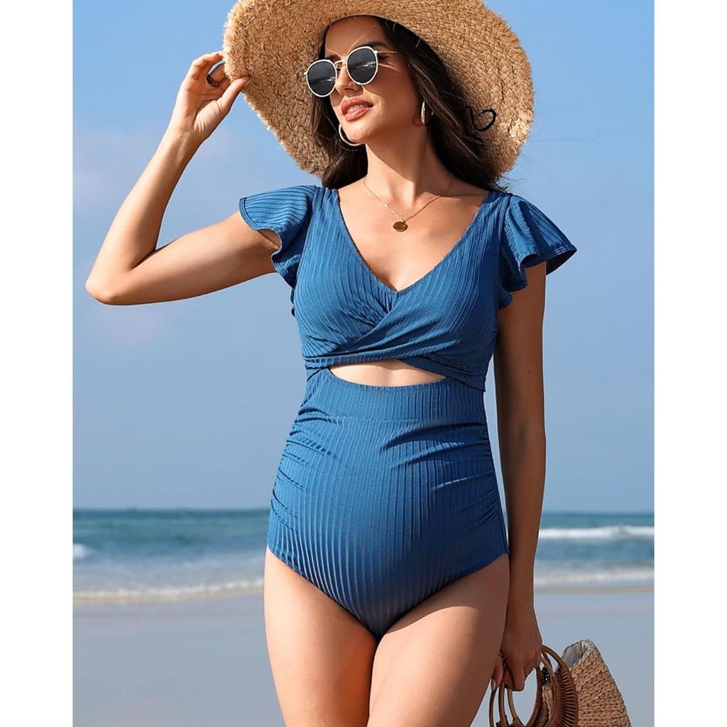 CHARMLEAKS Купальник для беременных в рубчик, цельный купальный костюм с рюшами и рукавами, рюшами и вырезами, завязывающийся узел, купальник для беременных