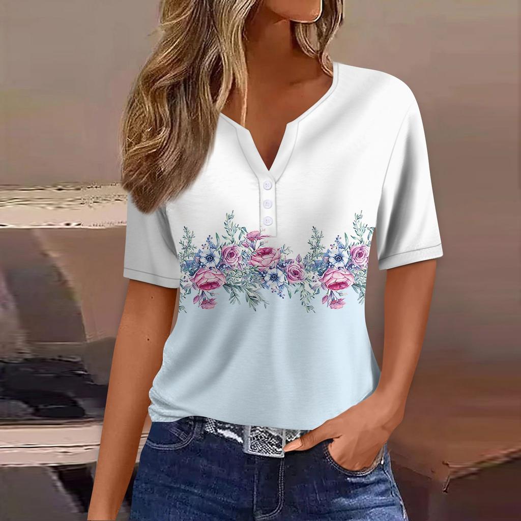 Women's T Shirt Tee Print Button Short Sleeve Daily Weekend Fashion Basic V- Neck Regular Top