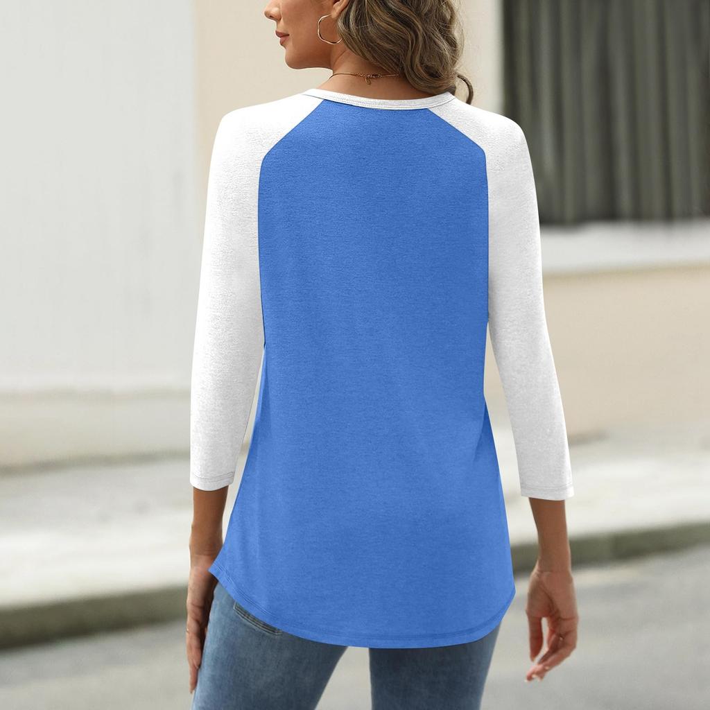 Жен. Футболка С принтом Пуговицы Рукав 3/4 Повседневные Выходные Мода Классический Классический V-образный вырез Обычный Верх