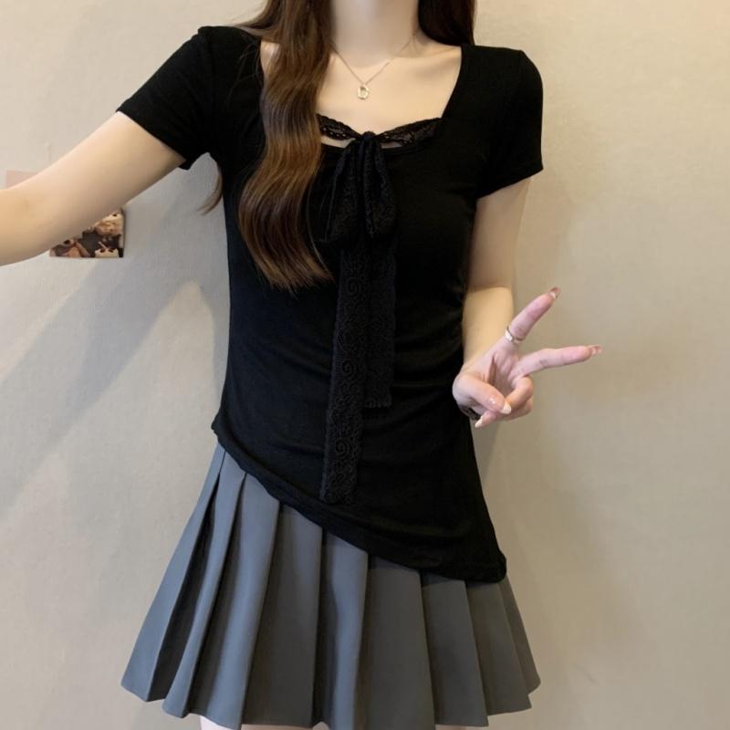 Летние женские однотонные пуловеры с коротким рукавом и круглым вырезом, корейские футболки с кружевом и лентами, топы y2k, женские приталенные футболки из чистого хлопка