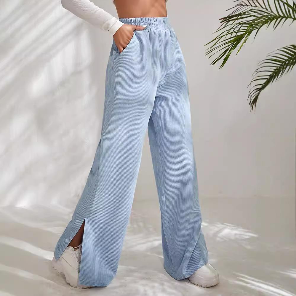 Модные осенние свободные брюки с разрезами, женские однотонные брюки с карманами и высокой талией, повседневные прямые брюки с широкими штанинами