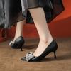 Черные туфли на высоком каблуке женские тонкие каблуки шелк овечья кожа темперамент острый носок одинарные туфли стразы бант однотонные