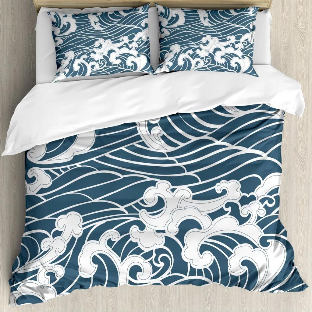 Japanese Wave Duvet Set Three-Piece Set, Japanese Traditional Painting Sea Theme Bedding Set
