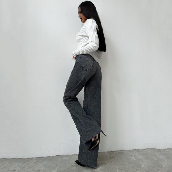 Женские широкие джинсы с высокой талией и пуговицами на молнии, длинные брюки с леопардовым принтом, свободные длинные брюки, карманы, дизайн, повседневные брюки