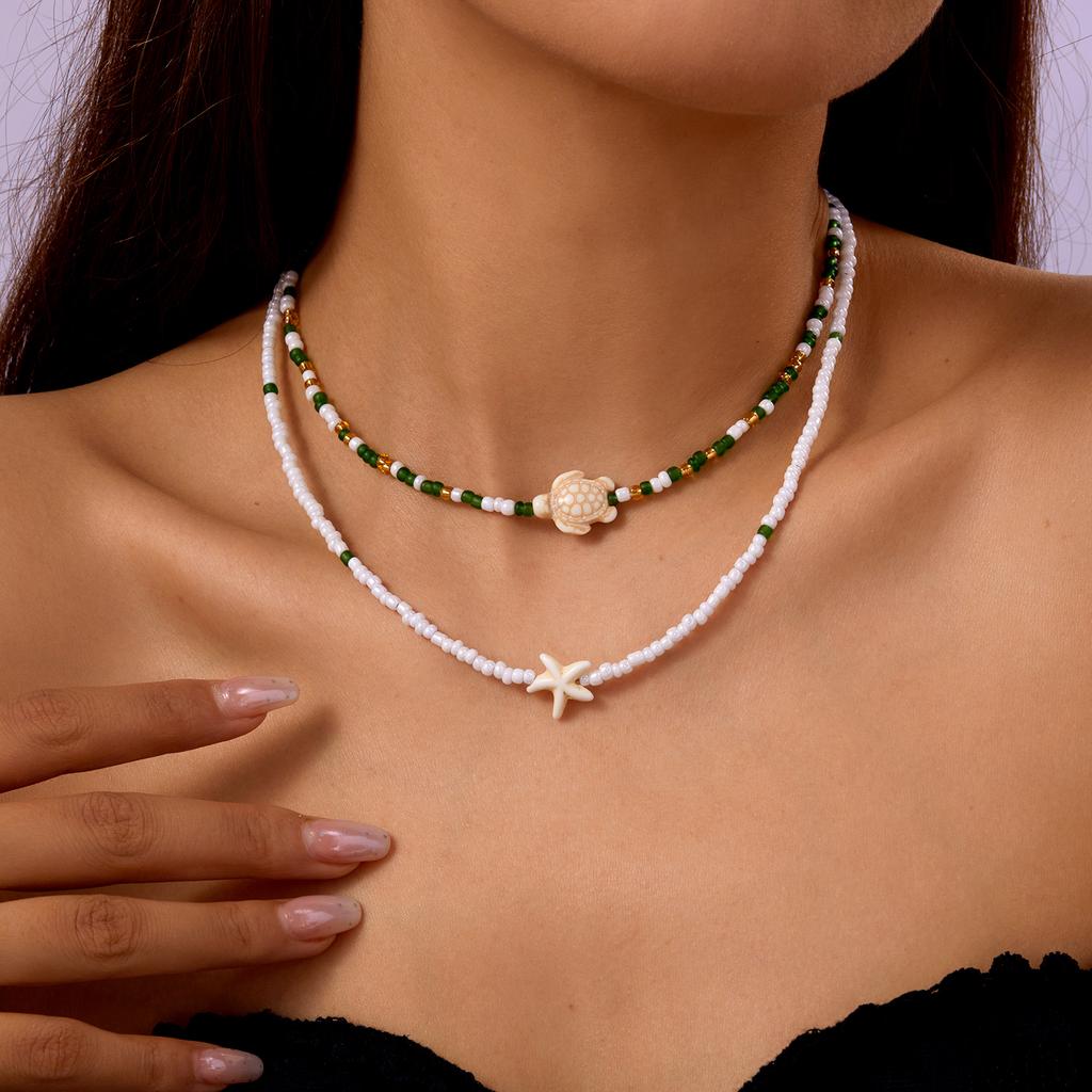 Vintage Double Layer Rice Beads Necklace for Women Boho Beach Turtle Starfish Pendant Short Choker Neck Chain Jewelry Accessory