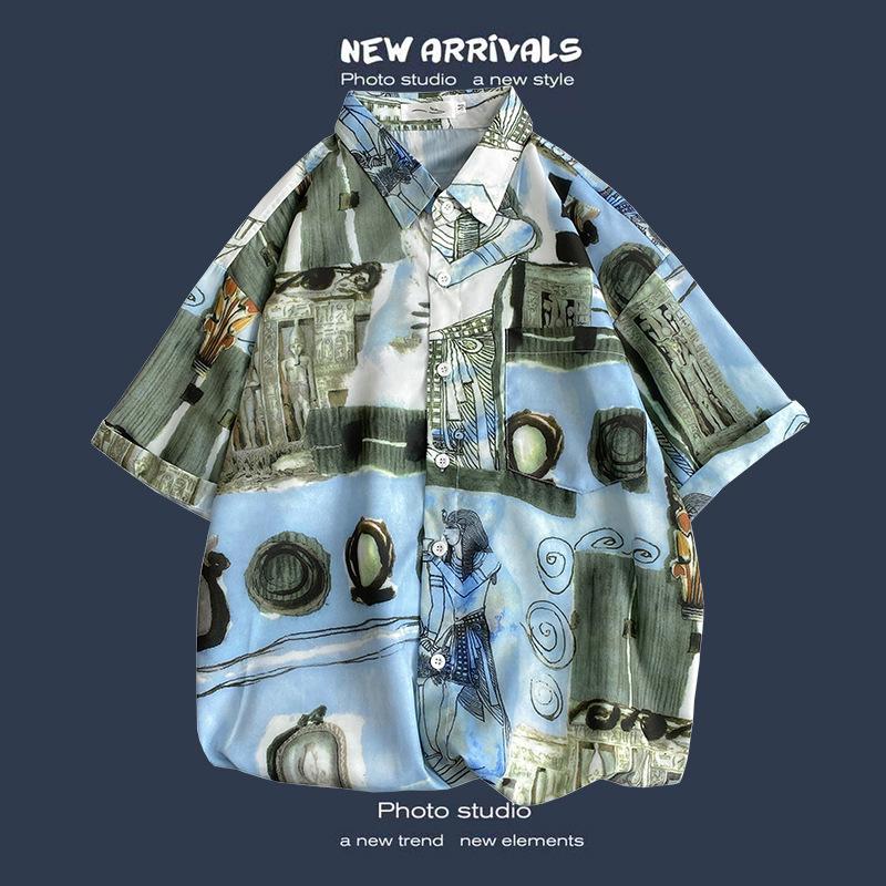 Retro Floral Shirt Blouse for Man Hawaiian Short-sleeved Floral Shirt Men's Loose Trend Couple All-match Five-point Sleeves