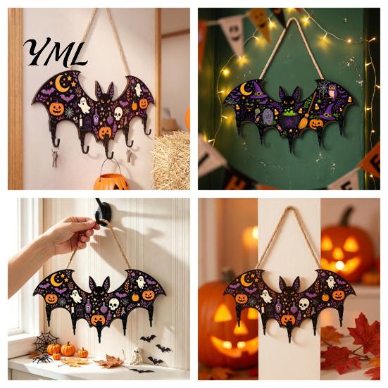 Wood Key Rack for Wall Halloween Bat Shaped Wooden Hook, 2D Mounted Hanging Decor with Entryway Organizer Hooks Pumpkin Ghost Witch Pattern,