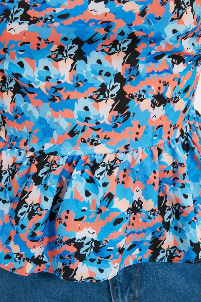 Women's Style Blouse Blue Single Sleeve Floral Woven Blouse