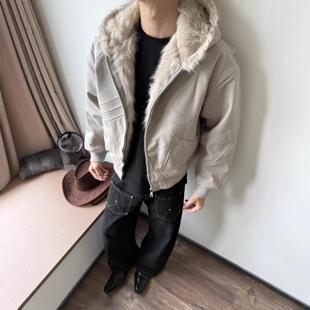 Men's Winter Boxy Seat Mountain Eagle Hooded Jacket with Faux Rabbit Fur Lining