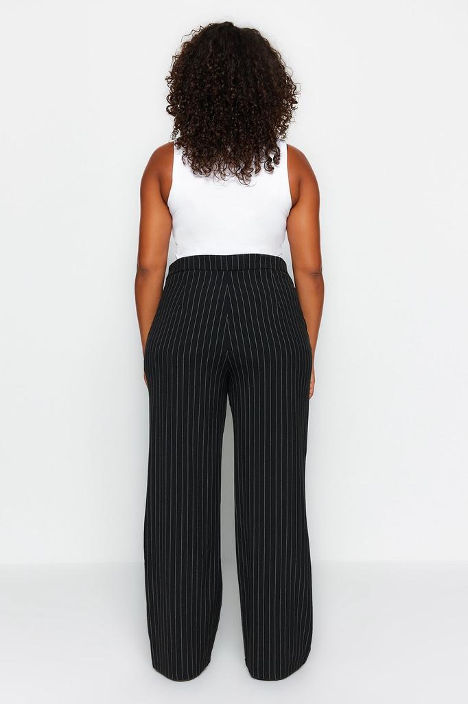 Women's Style Plus Size Black Striped Woven Trousers