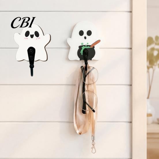 Adhesive Wall Hanger for Masks Halloween Themed Hook, Decorative Ghost Pattern Key Hanger, Self Hooks Keys Backing Wood Base Hook Bathroom Entryway