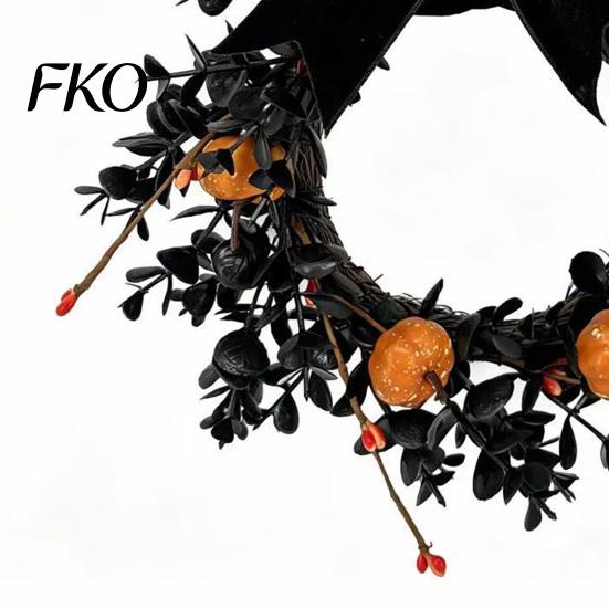 Velvet Bow Wreath Halloween for Front Door, 9 Inch Pumpkin with Black Party Backdrop Home Porch Holiday Window Wall Decor