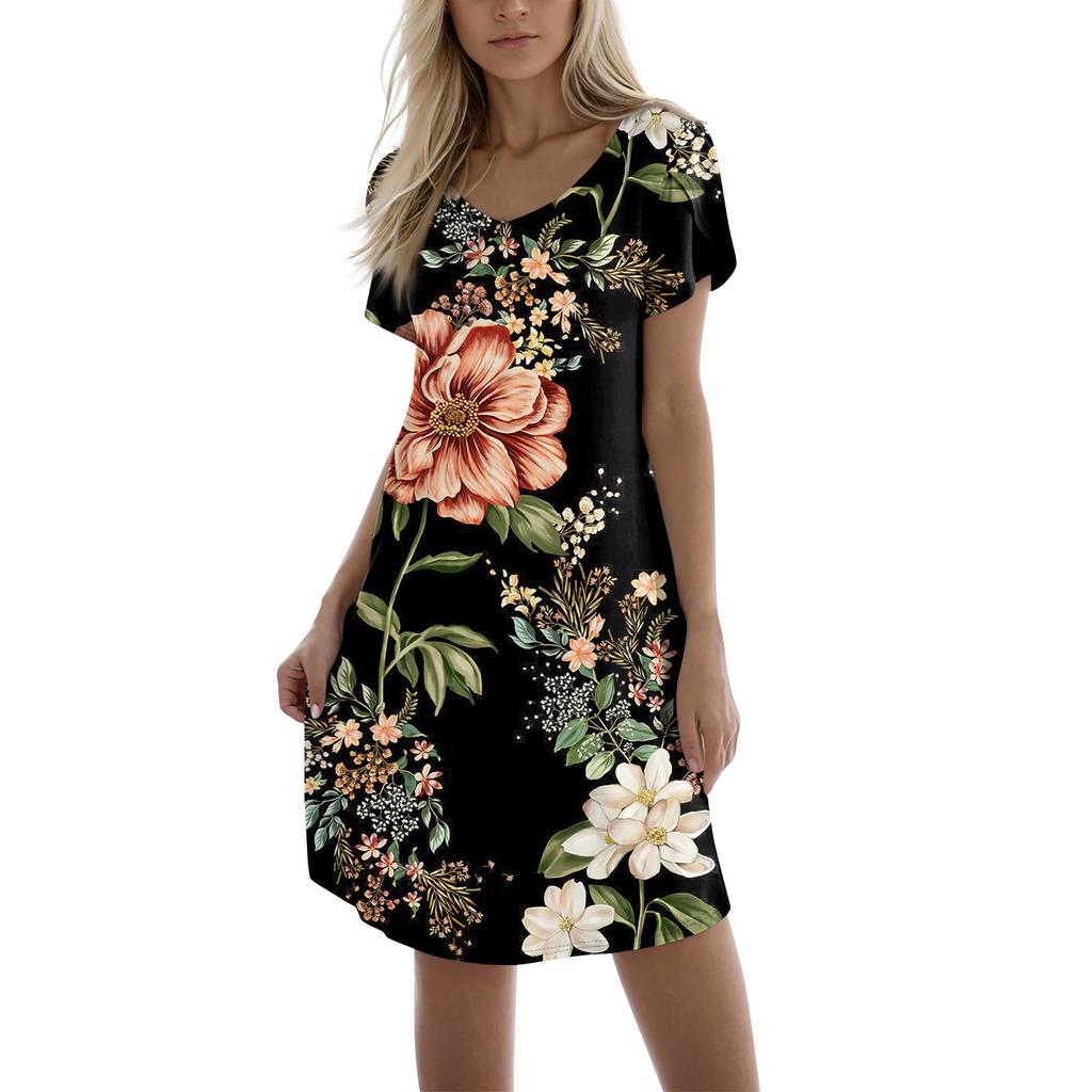 Женское модное повседневное короткое платье с принтом и V-образным вырезом с коротким рукавом