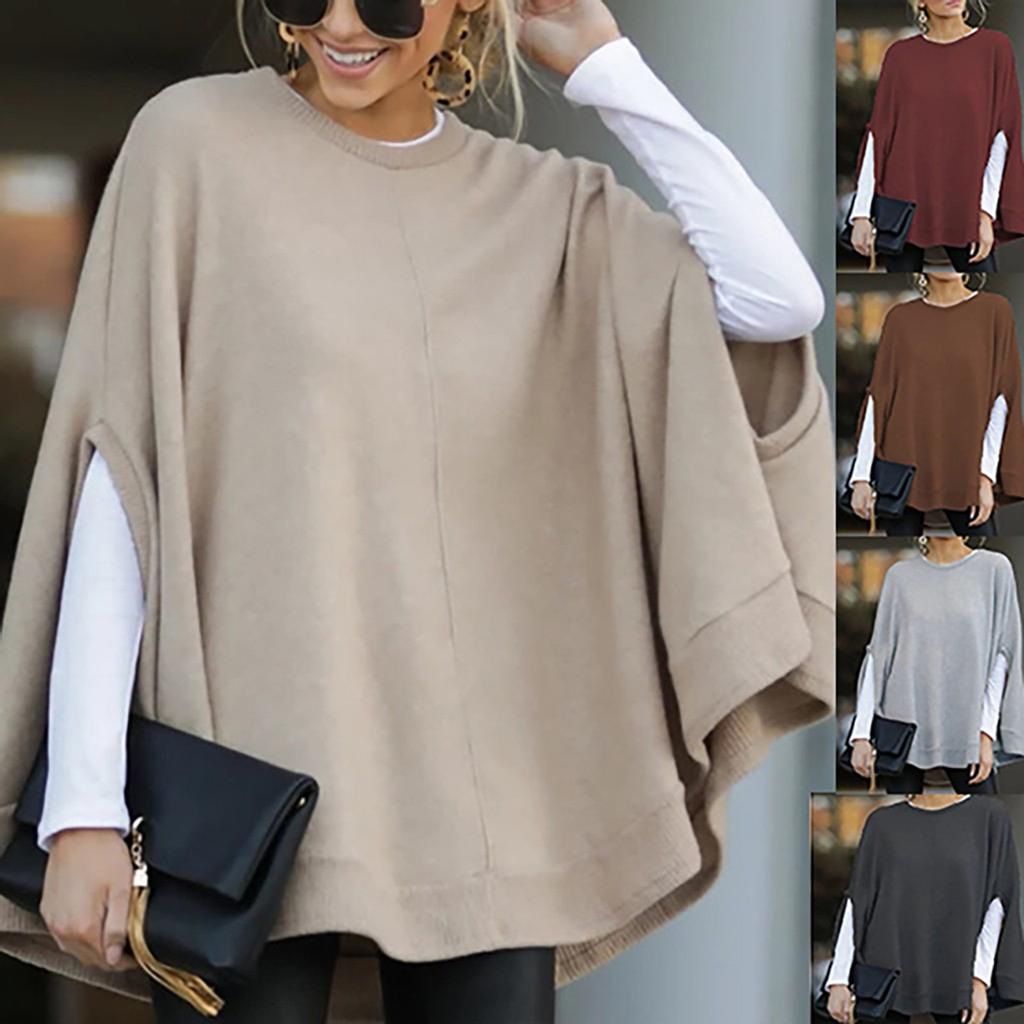 Women Fashion Solid Color Print Loose Hooded Sleeve Splitter Long Sleeve Top